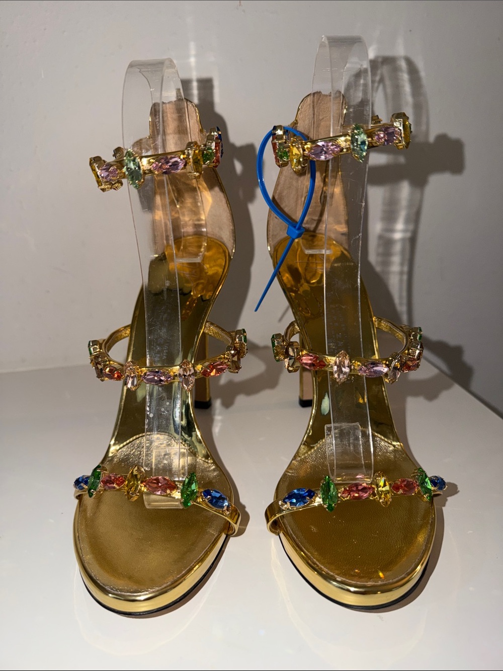 Giuseppe Zanotti Harmony Gold Jeweled Multicolor Crystal-Strap Heels size 37.5 - Picture 17 of 17